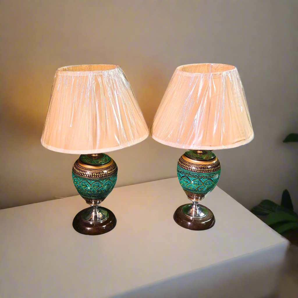Artisan Naqshi Wooden Lamps (Set of 2) – Handcrafted in Green & Golden Tones