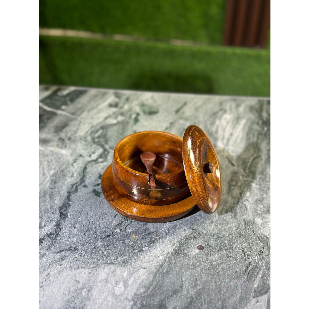 Handcrafted Wooden Sugar Pot with Brass Inlay & Spoon – Traditional Design