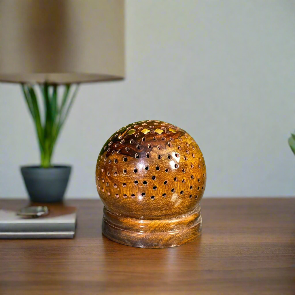 Handcrafted Dome-Shaped Wooden Lamp – Ambient Light with Artistic Perforation
