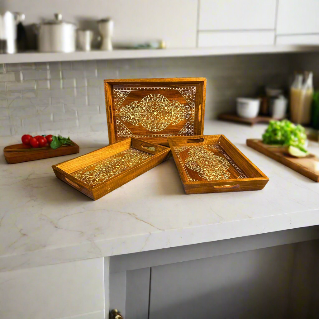 Set of 3 Handcrafted Wooden Serving Trays with White Print – Elegant Kitchen & Table Decor