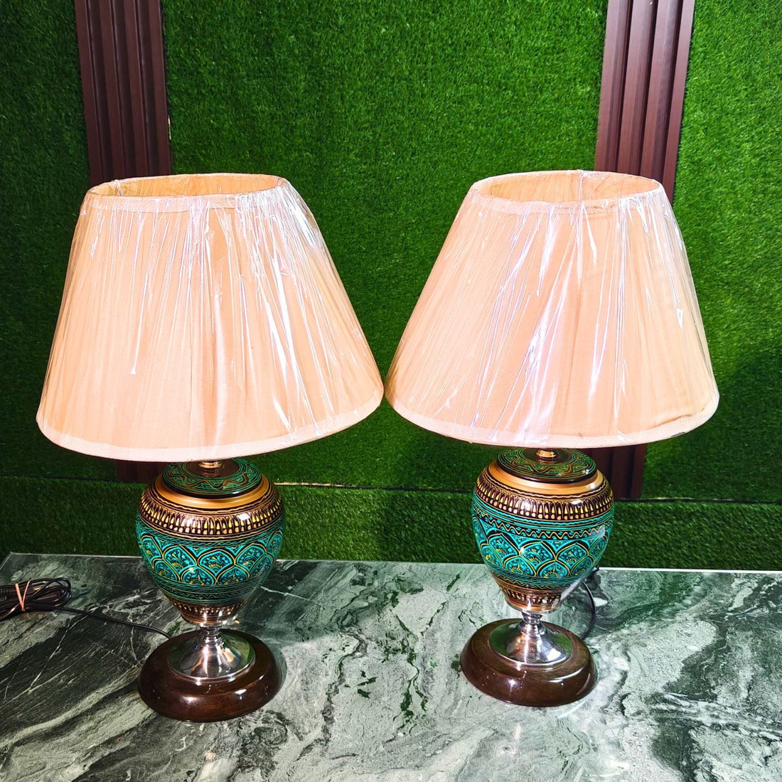 Artisan Naqshi Wooden Lamps (Set of 2) – Handcrafted in Green & Golden Tones