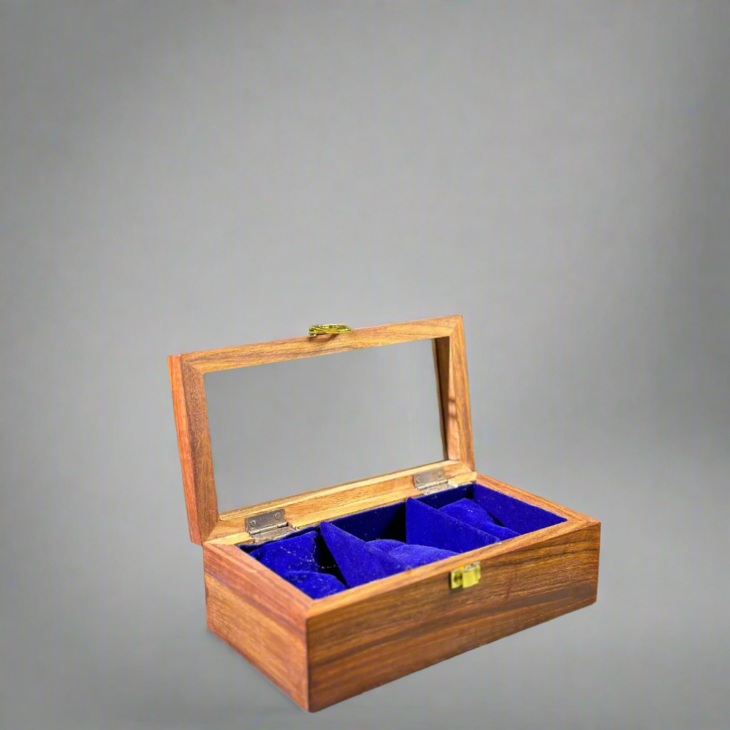 Handmade Sheesham Wood Watch Box – 3 Slot Organizer with Glass Display Lid