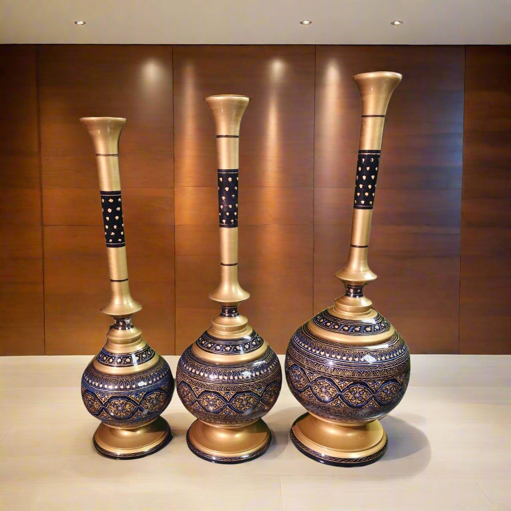 Handmade Wooden Vase Set of 3 – Naqshi Art – Blue & Black Design in 3 Sizes– Unique  for Elegant Décor