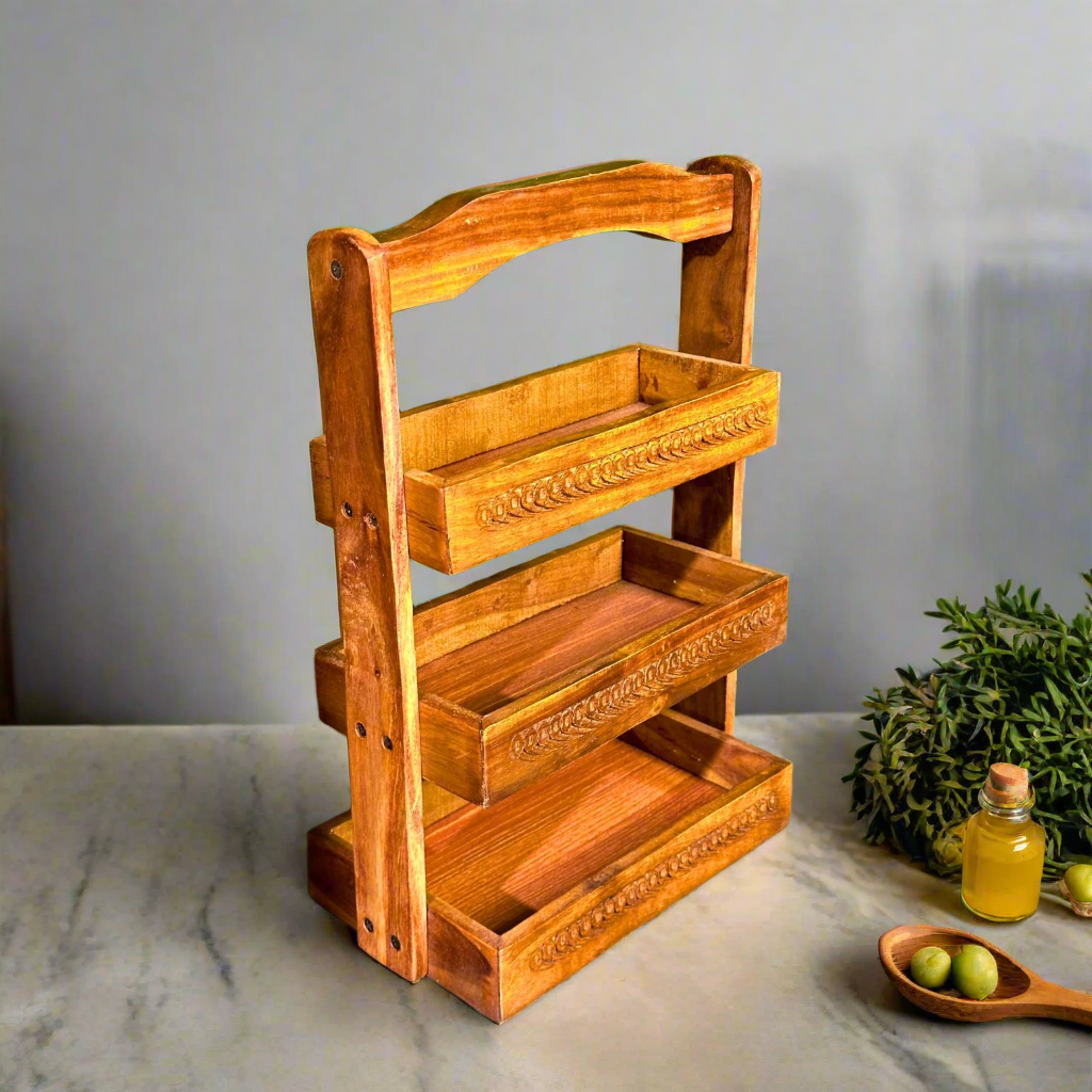 Wooden Spoon Stand | 3-Tier Chamach Rack | Utensil Organizer