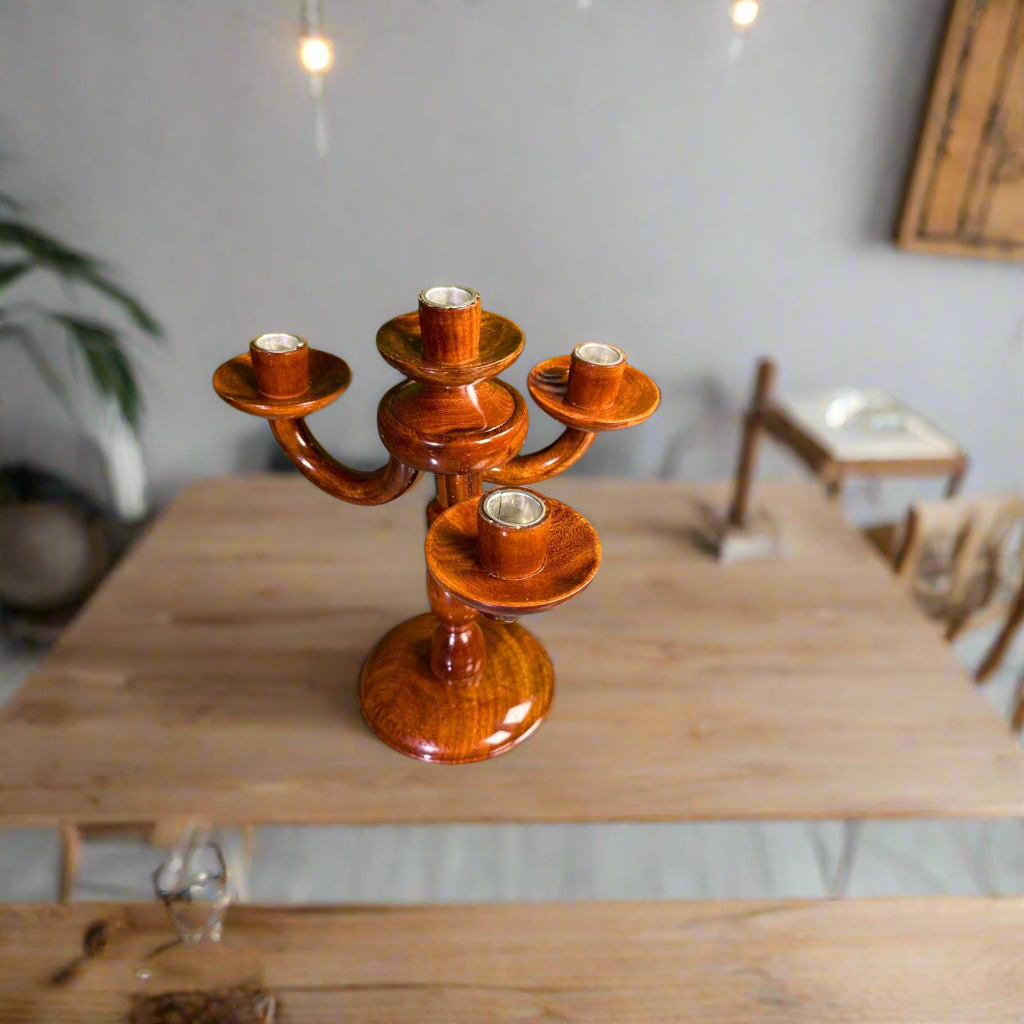 Sheesham Wood Candle Stand for 5 Candles – Handmade Wooden Candle Holder with Steel Inserts | Home & Dining Table Decor