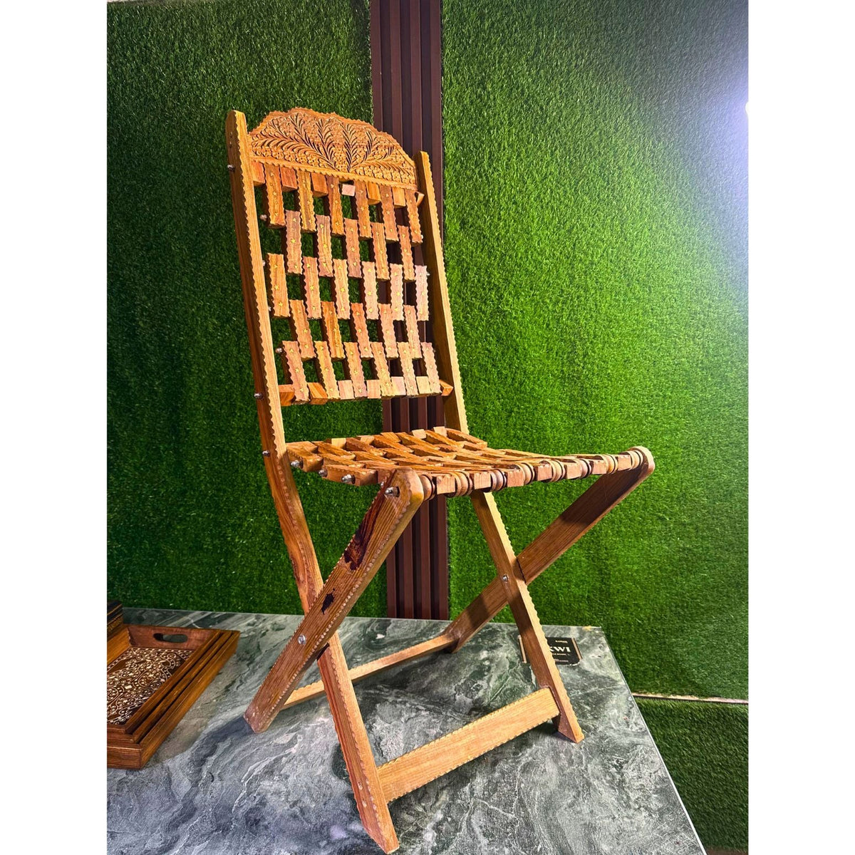 Handcrafted Wooden Chair with Brass Inlay & Intricate Carving – Traditional Artisan Design
