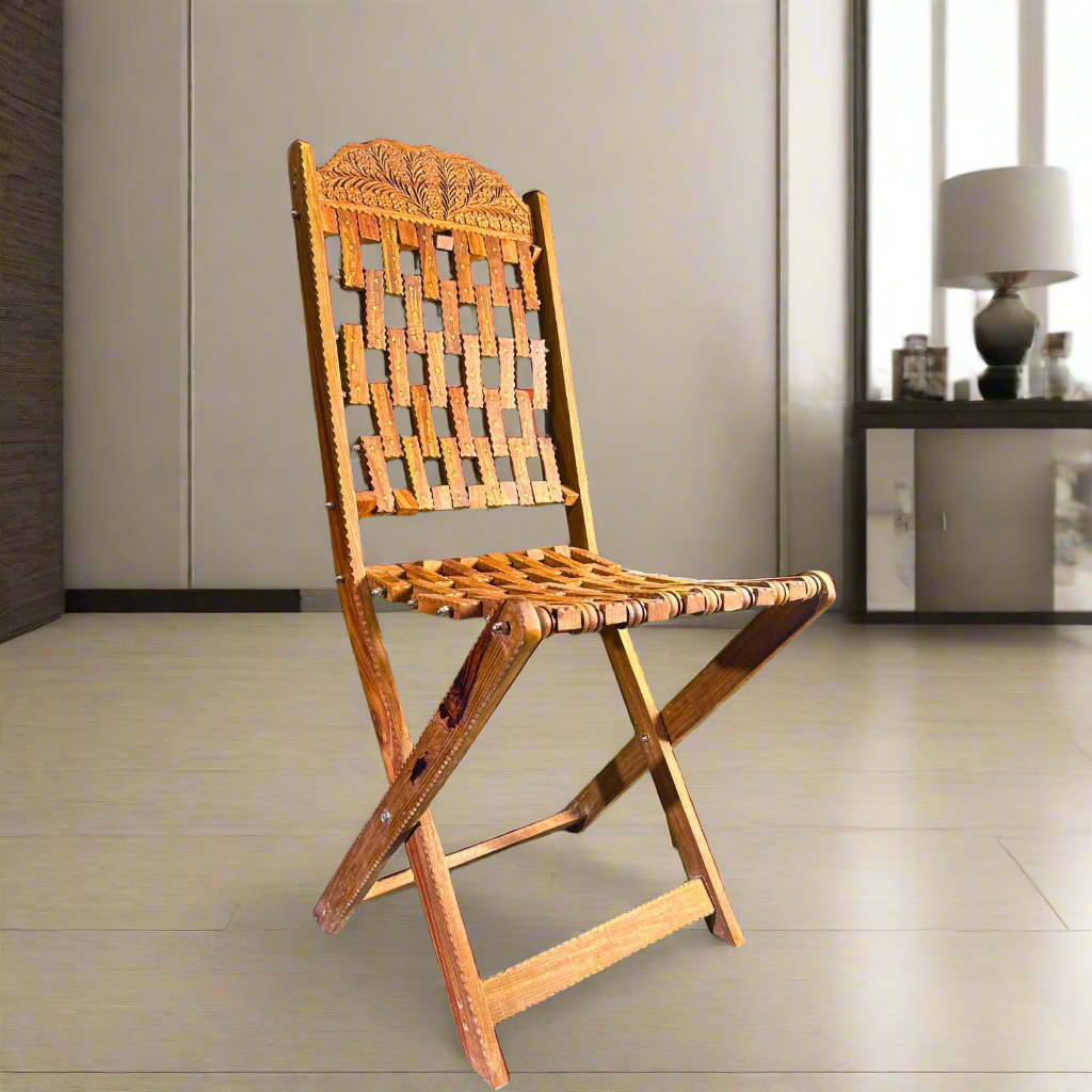 Handcrafted Wooden Chair with Brass Inlay & Intricate Carving – Traditional Artisan Design