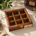 9 Portion Wooden spice box (handcarved) with Spoon & Non-Breakable Glass Lid