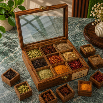 9 Portion Wooden spice Box with Spoon & Non-Breakable Glass Lid
