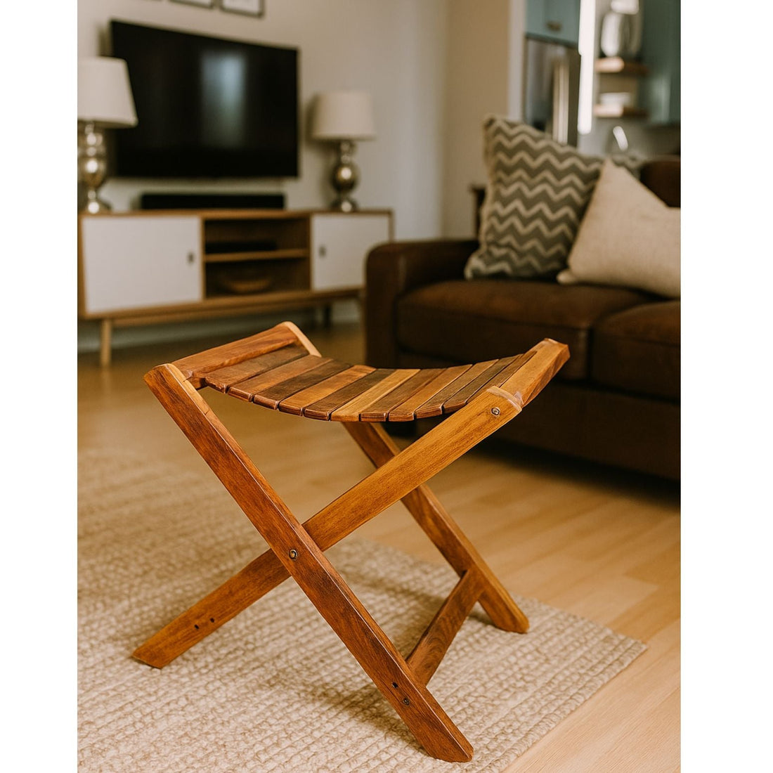 Handmade Foldable Wooden Stool with Premium Brass Work – Pure Sheesham Wood | 20” Height × 21” Length × 12” Width