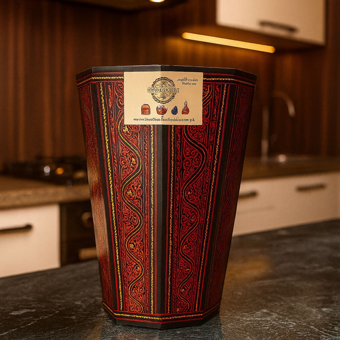 Handcrafted Wooden Dustbin – Red & Black Finish | Pure Sheesham Wood | 11” Height