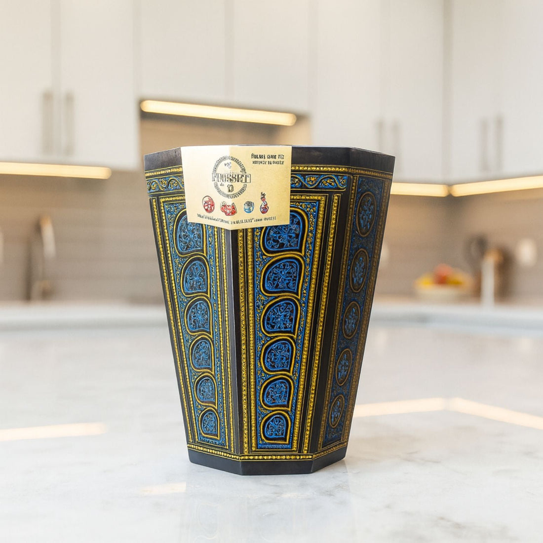 Handcrafted Wooden Dustbin – Black & Blue Finish | Pure Sheesham Wood | 11” Height