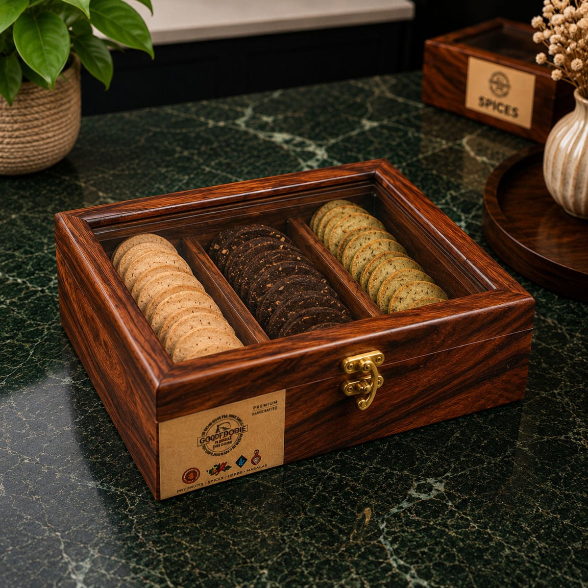 3 Portion Biscuit & Spice Box with Spoon & Non-Breakable Glass Lid