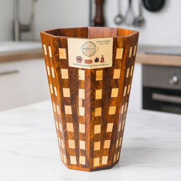 Handcrafted Wooden Dustbin in Tukri Style – Natural Sheesham Wood with Handcarved Detailing | 11” Height