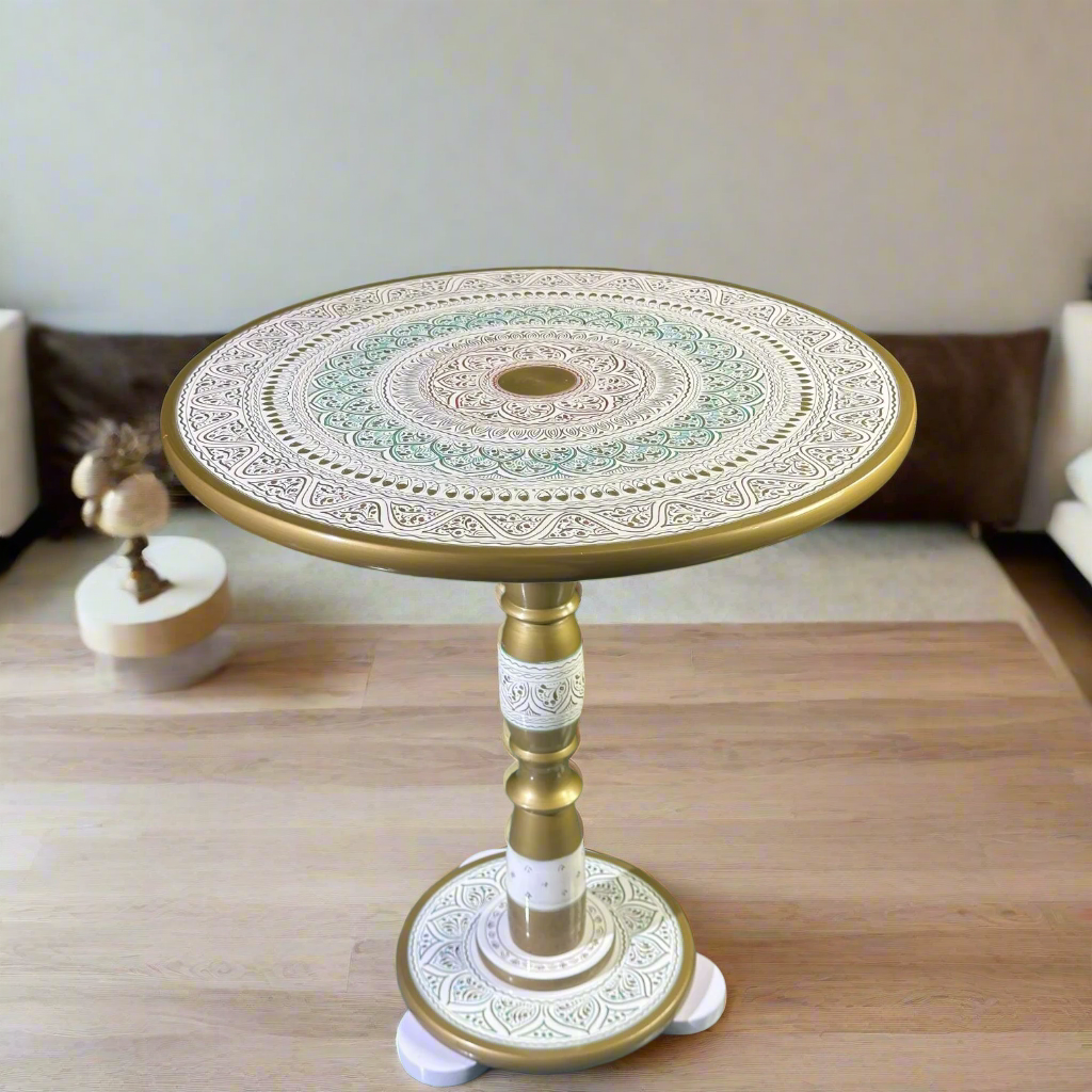 White & Gold Luxury Coffee Table – 18" Round Top, 20" Height | Handcrafted Royal Accent Table