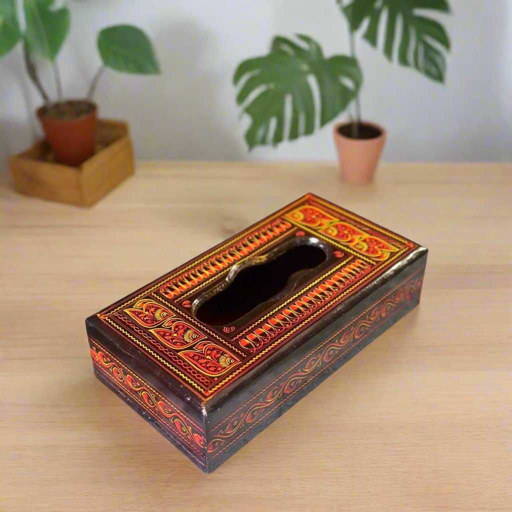 Handcrafted Wooden Tissue Box – Naqshi Art – Light Orange, Red & Yellow Shades with Black – 6x11 inch