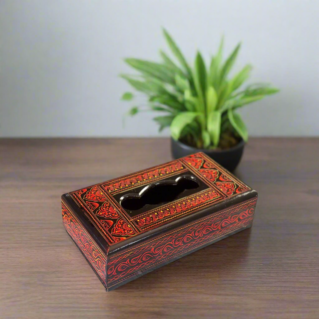 Handcrafted Wooden Tissue Box – Naqshi Art – Dark Red & Black – 6x11 inch