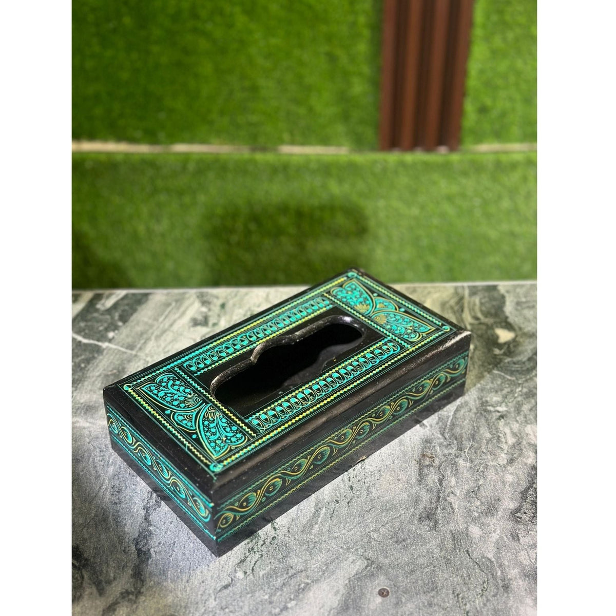 Handcrafted Wooden Tissue Box – Naqshi Art – Turquoise (Ferozi) & Black – 6x11 inch
