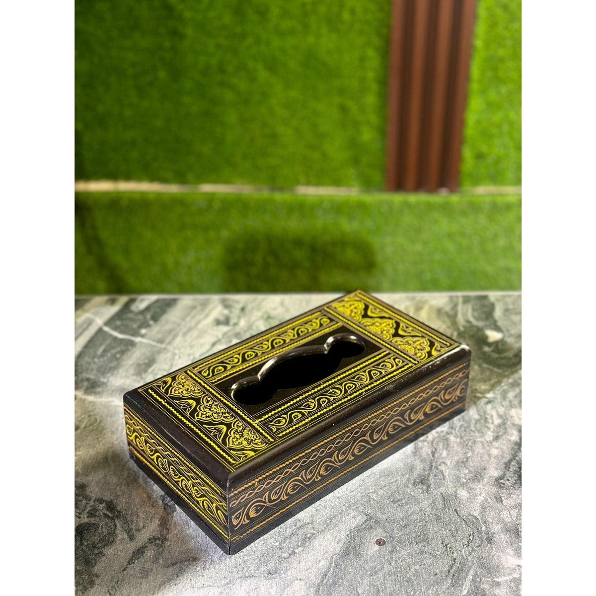 Handcrafted Wooden Tissue Box – Naqshi Art – Dark Yellow & Black – 6x11 inch