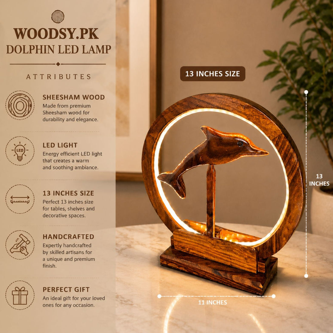 Premium Dolphin LED Lamp – Sheesham Wood Decorative Night Light | Woodsy.pk
