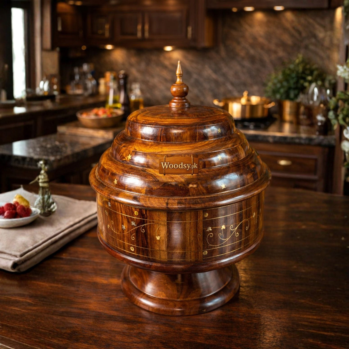 • Handcrafted Wooden Buffet Hotpot With Steel Bowl – Brass Work | Shesham Wood |12 Inches