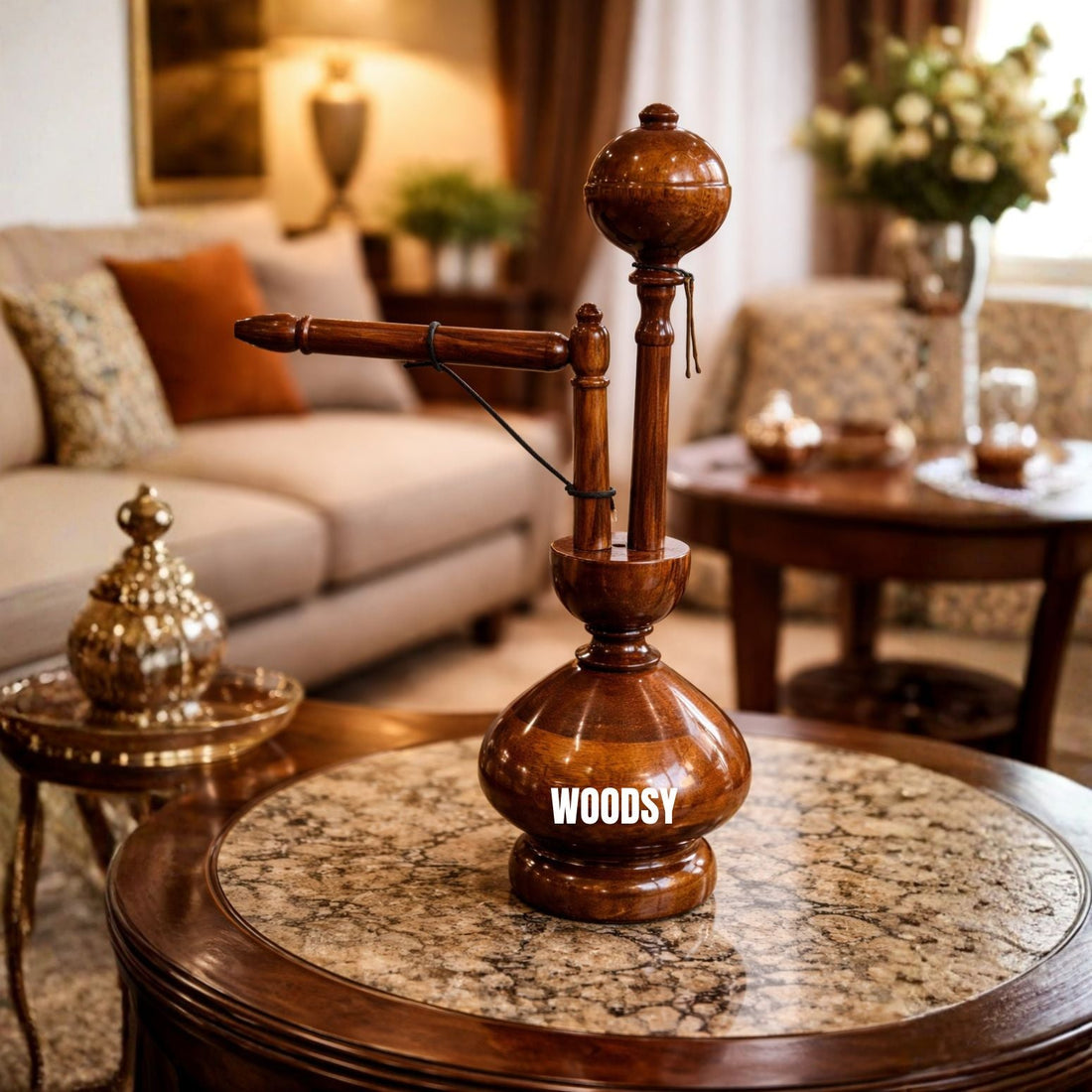 Natural Sheesham Wood Handcrafted Hookah Decor – Traditional Wooden Showpiece