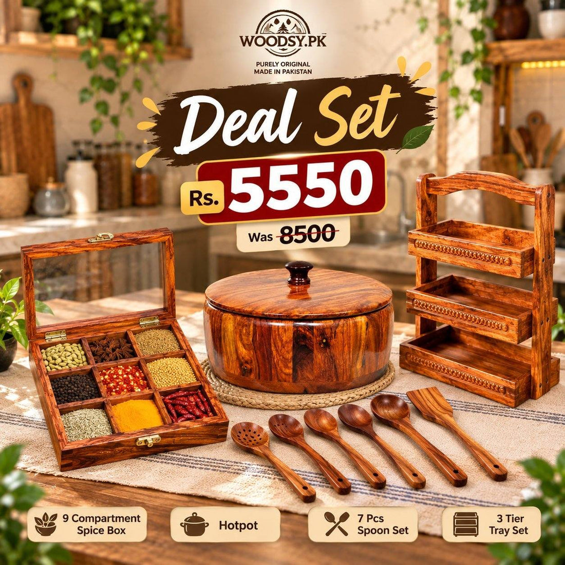 Premium Wooden Kitchen Deal Set – Hotpot, Spoon Stand, 7-Piece Spoon Set & 9-Compartment Spice Box