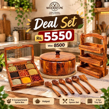 Premium Wooden Kitchen Deal Set – Hotpot, Spoon Stand, 7-Piece Spoon Set & 9-Compartment Spice Box