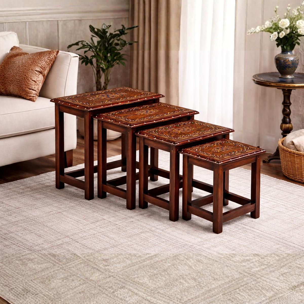Premium Wooden Nesting Table Set of 4 – White Printed Sheesham Wood