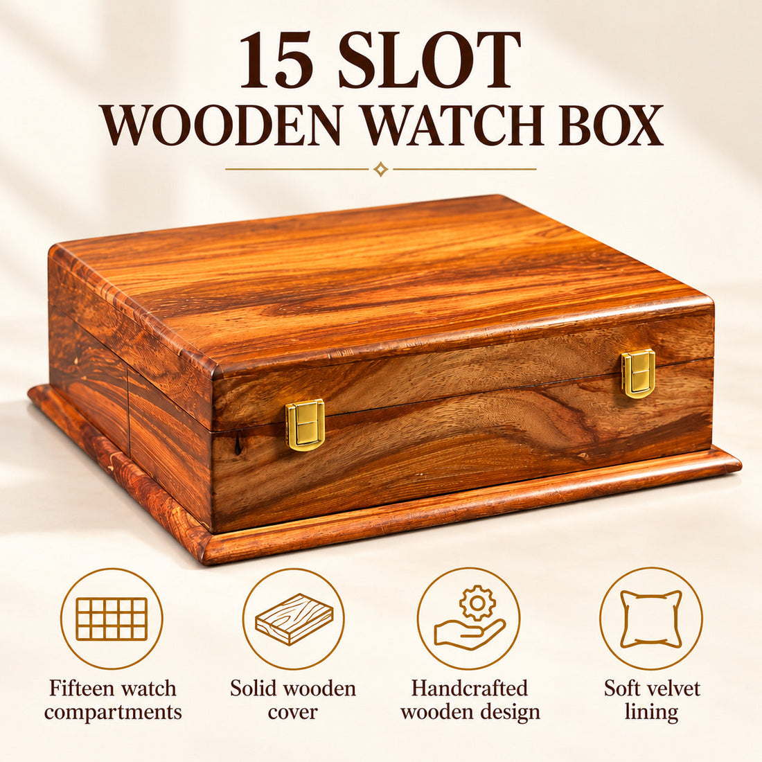 Luxury Handmade Wooden Watch Box – 15 Slot Organizer with Solid Wooden Lid