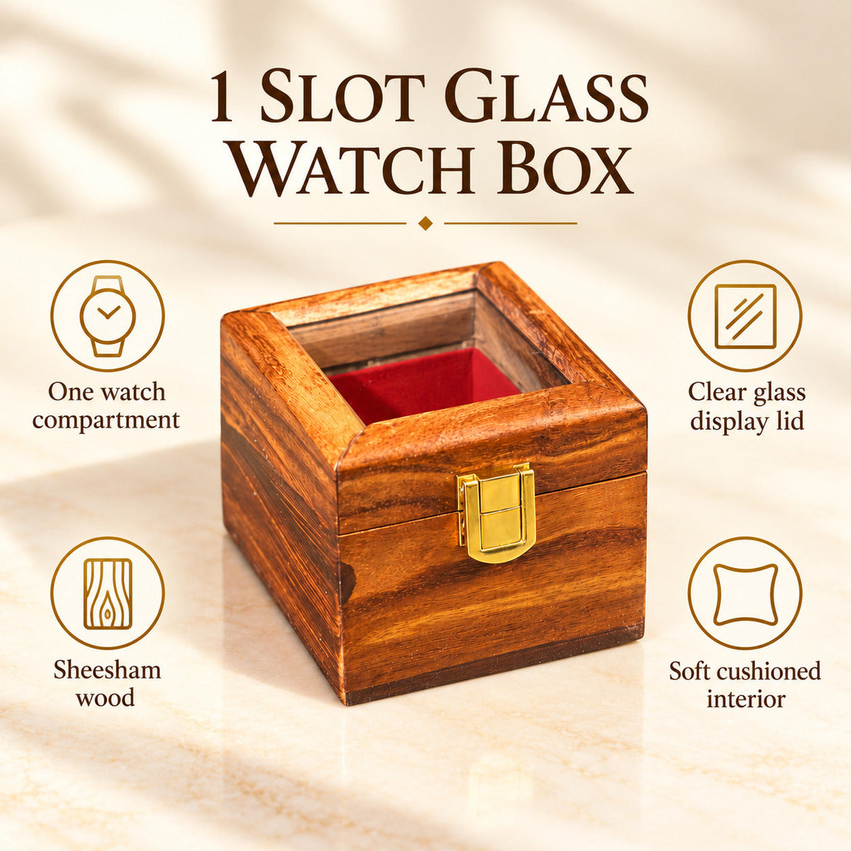 Sheesham Wood Single Watch Box – 1 Slot with Glass Display Lid
