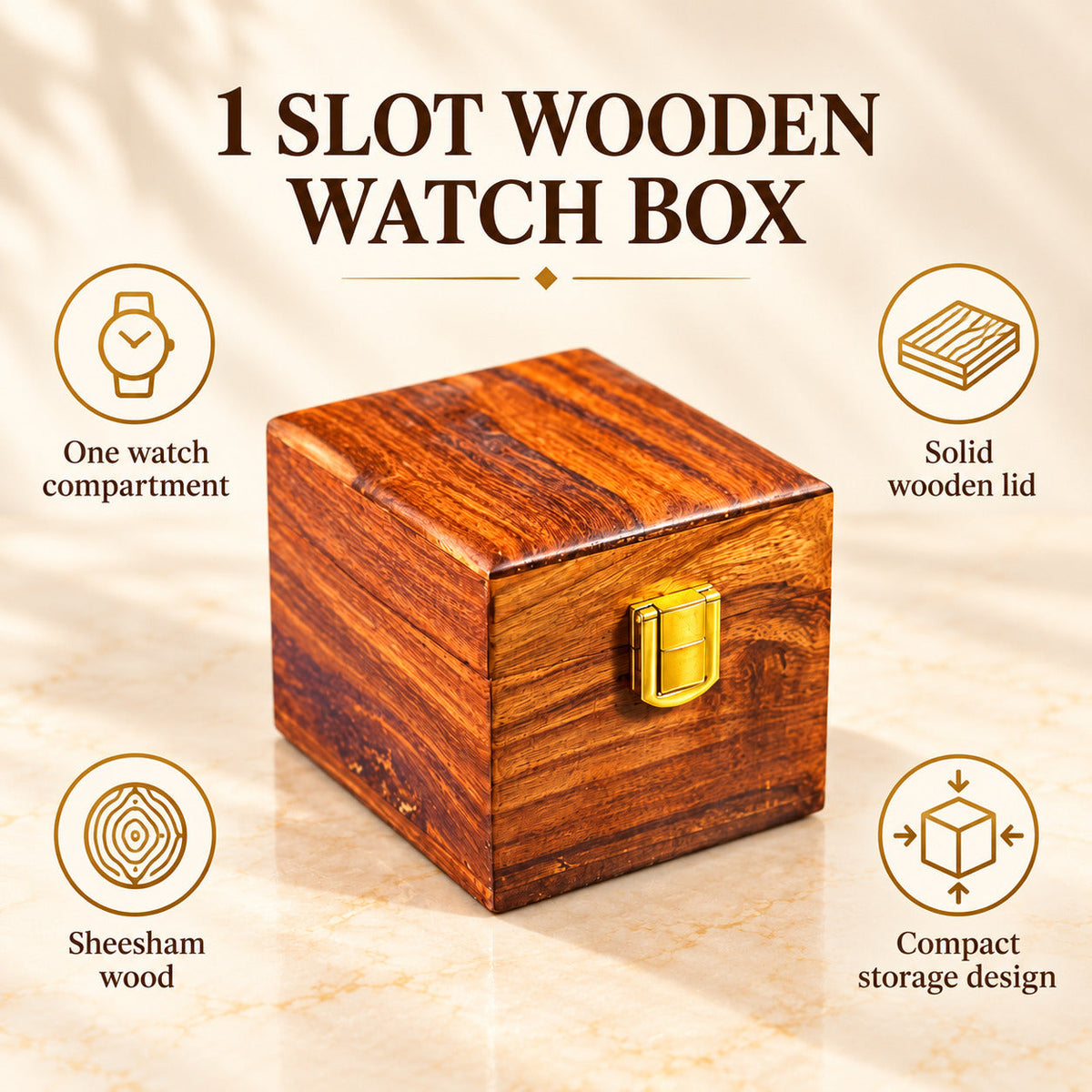 Classic Sheesham Wood Watch Box – Single Slot with Solid Lid