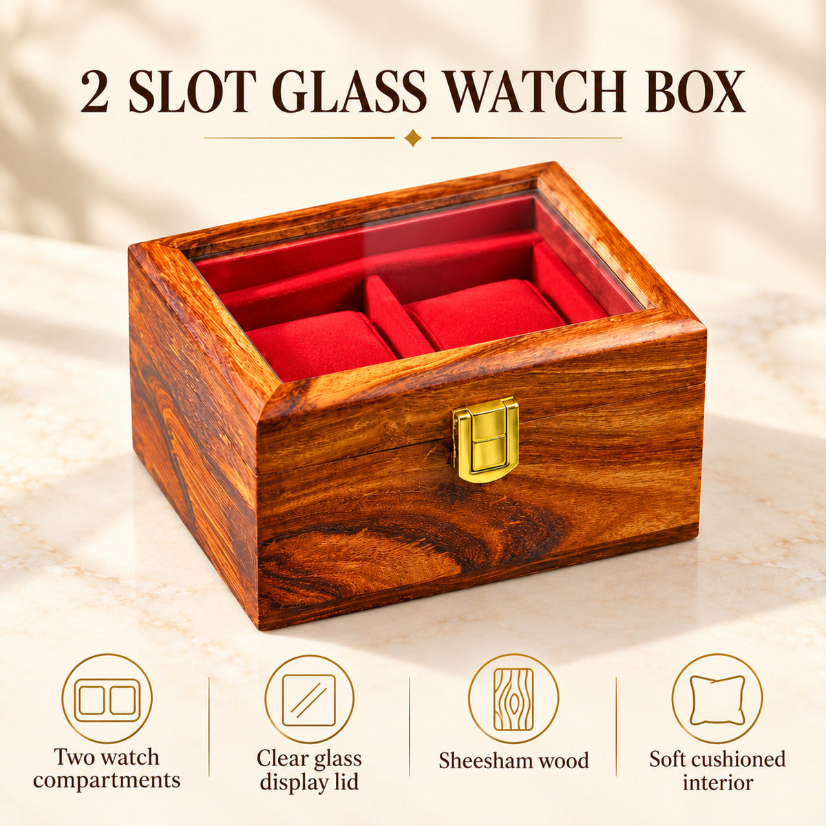 Premium Sheesham Wood Watch Box – 2 Slot Display Case with Glass Lid