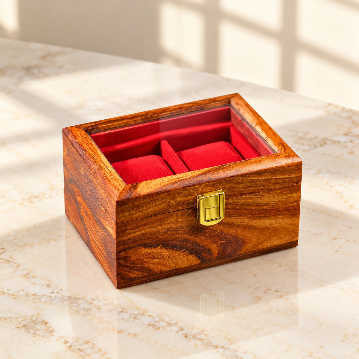 Premium Sheesham Wood Watch Box – 2 Slot Display Case with Glass Lid