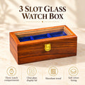 Handmade Sheesham Wood Watch Box – 3 Slot Organizer with Glass Display Lid
