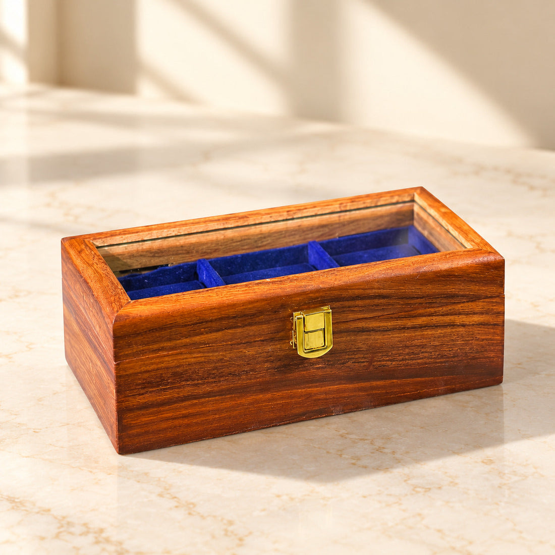 Handmade Sheesham Wood Watch Box – 3 Slot Organizer with Glass Display Lid