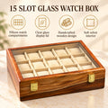Premium Handmade Wooden Watch Box – 15 Slot Organizer with Glass Display Lid