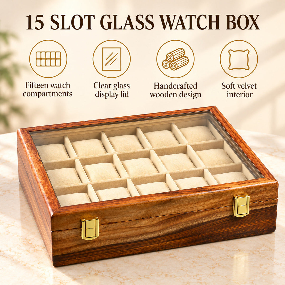Premium Handmade Wooden Watch Box – 15 Slot Organizer with Glass Display Lid