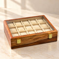 Premium Handmade Wooden Watch Box – 15 Slot Organizer with Glass Display Lid
