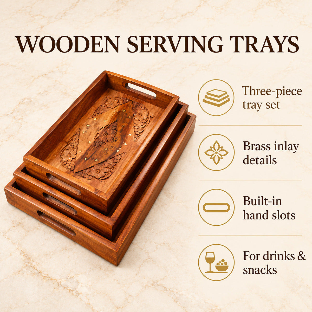 Wooden Serving Tray Set of 3 Pcs – Beautiful Inlay Brass Work