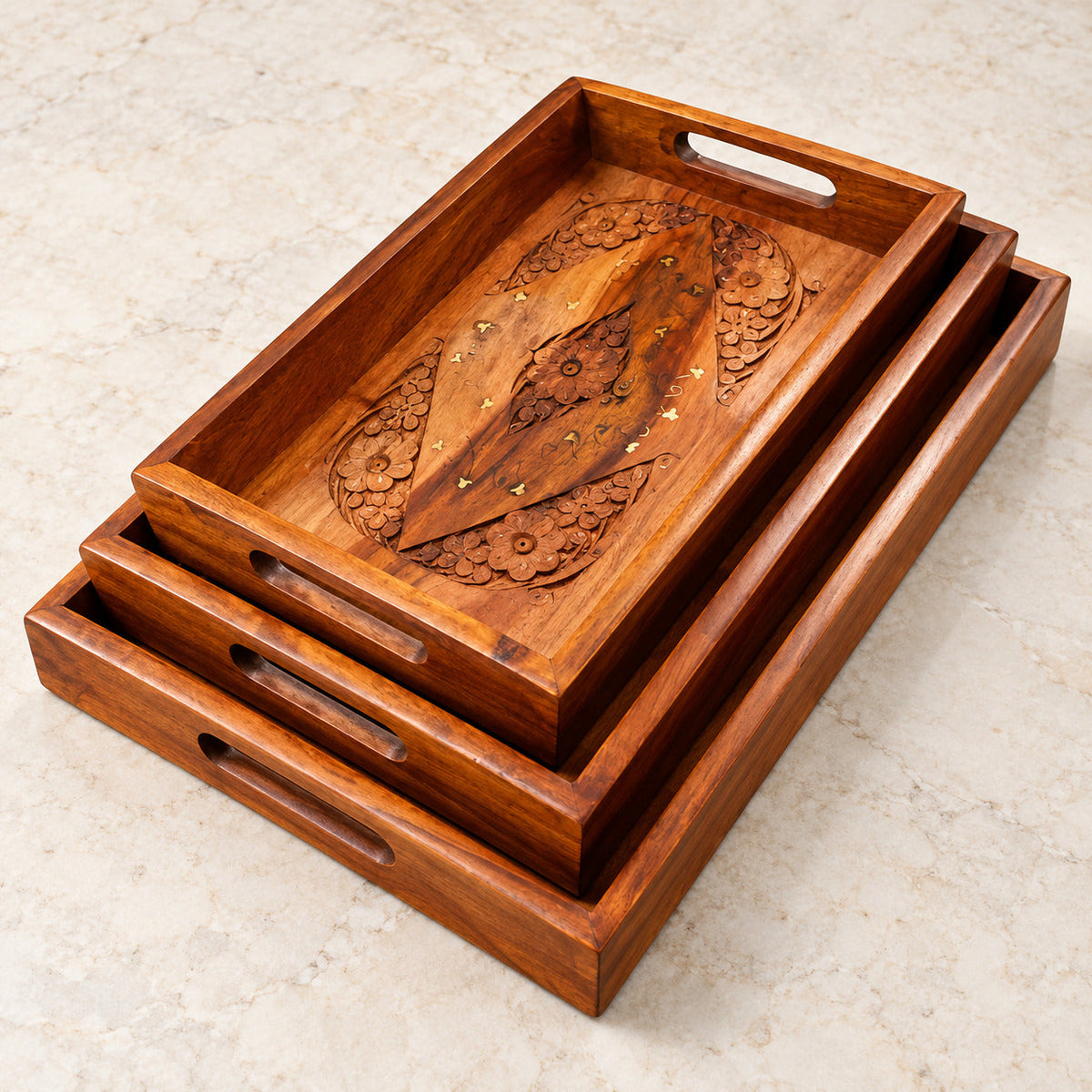 Wooden Serving Tray Set of 3 Pcs – Beautiful Inlay Brass Work