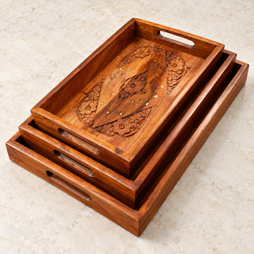 Wooden Serving Tray Set of 3 Pcs – Beautiful Inlay Brass Work