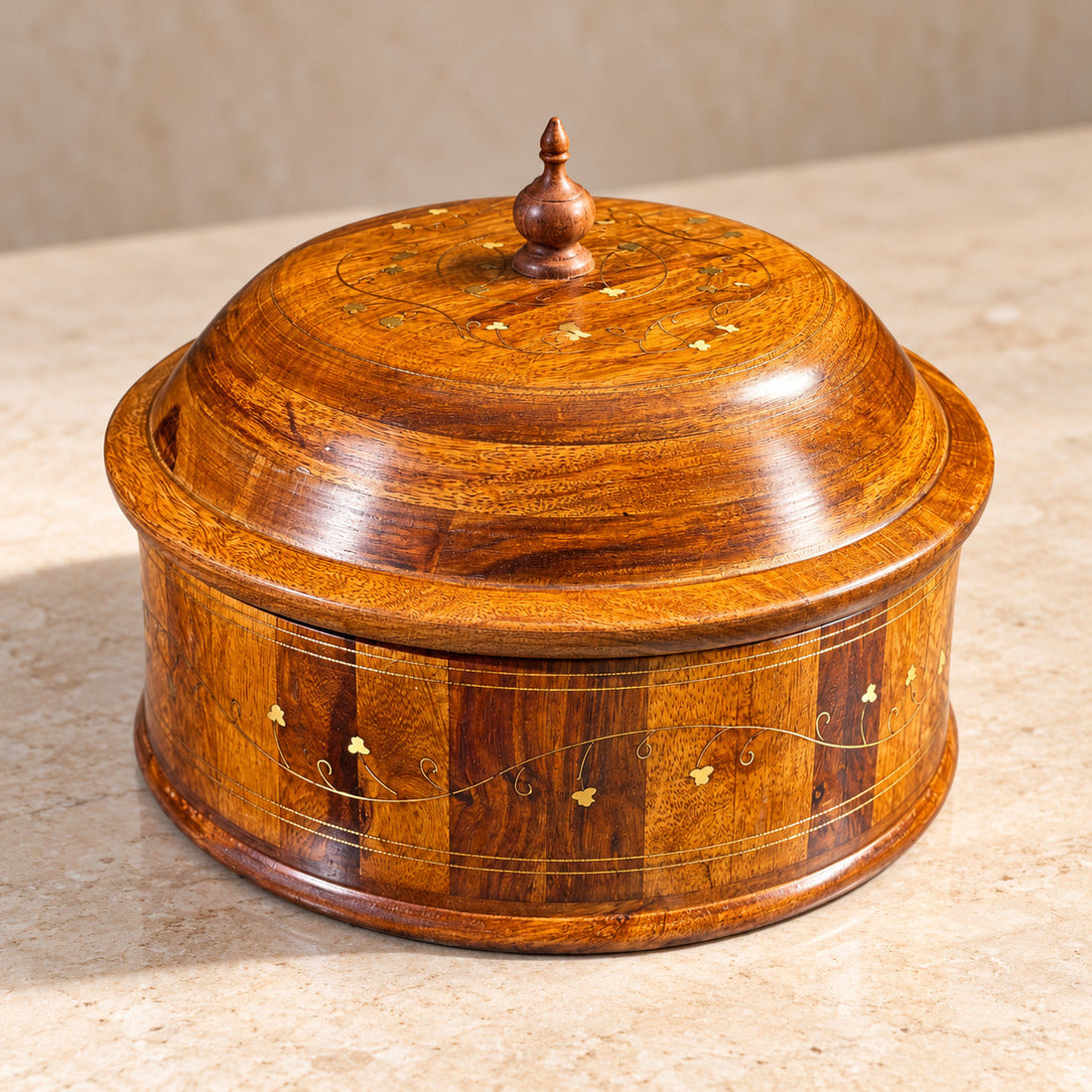 Traditional Brass-Decorated Sheesham Wooden Hotpot with Steel Bowl – 12x8"