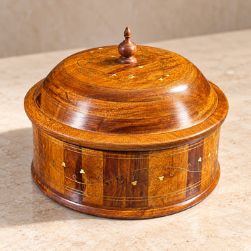 Traditional Brass-Decorated Sheesham Wooden Hotpot with Steel Bowl – 12x8"