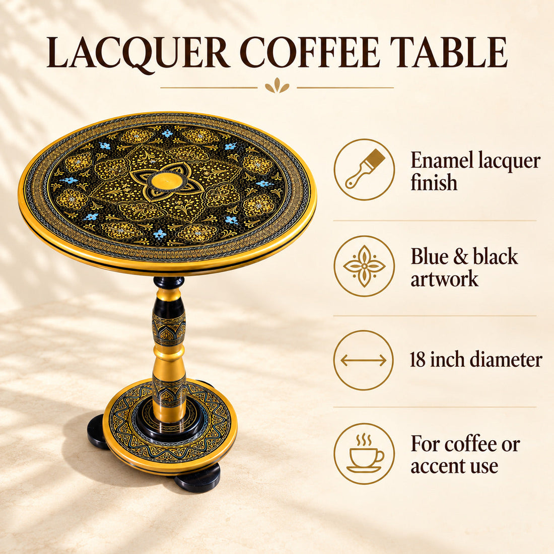 Artisan Enamel Lacquer Coffee Table – 18" Blue and Black Design
