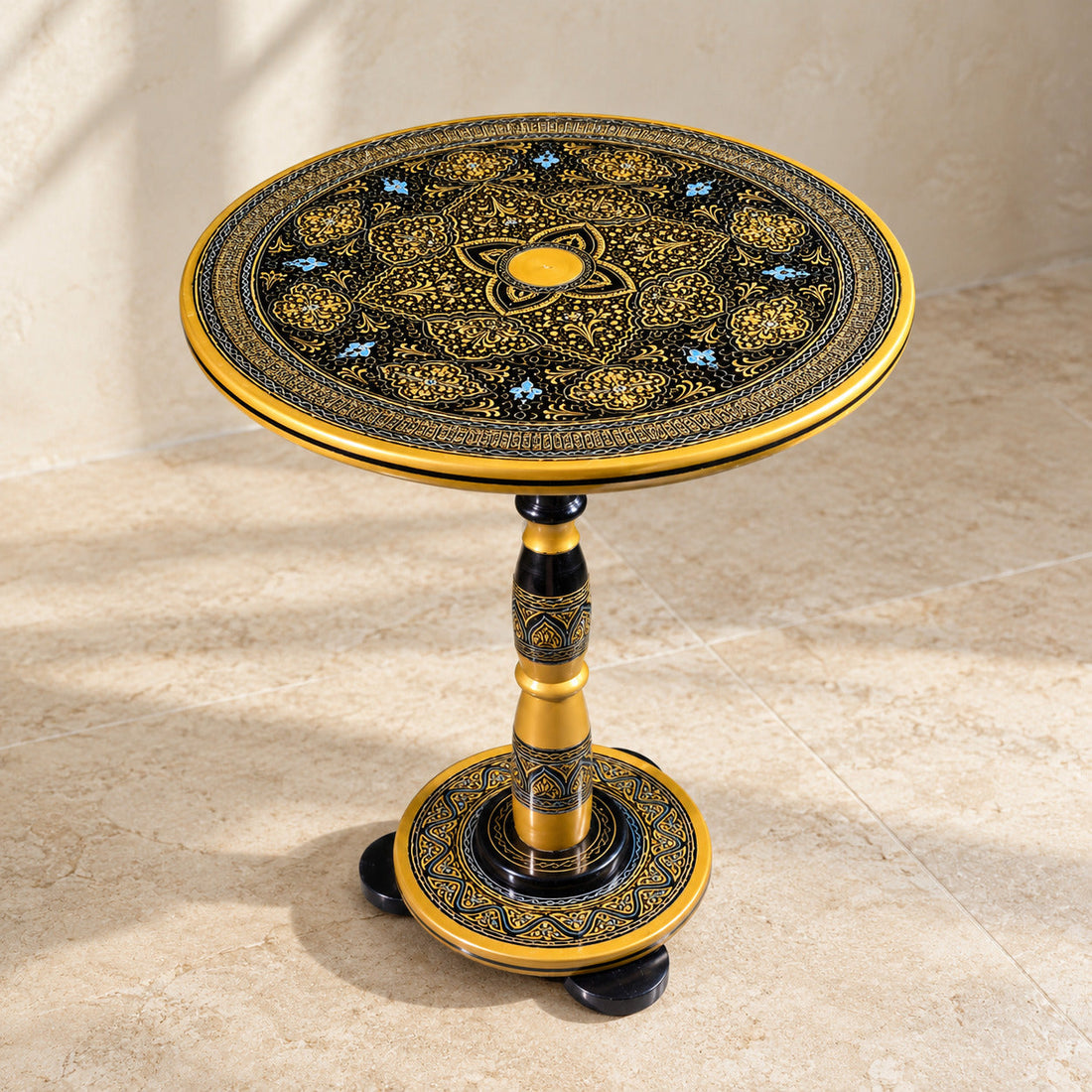 Artisan Enamel Lacquer Coffee Table – 18" Blue and Black Design