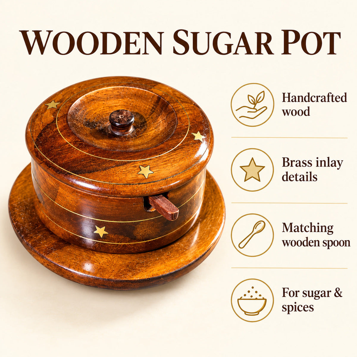 Handcrafted Wooden Sugar Pot with Brass Inlay & Spoon – Traditional Design