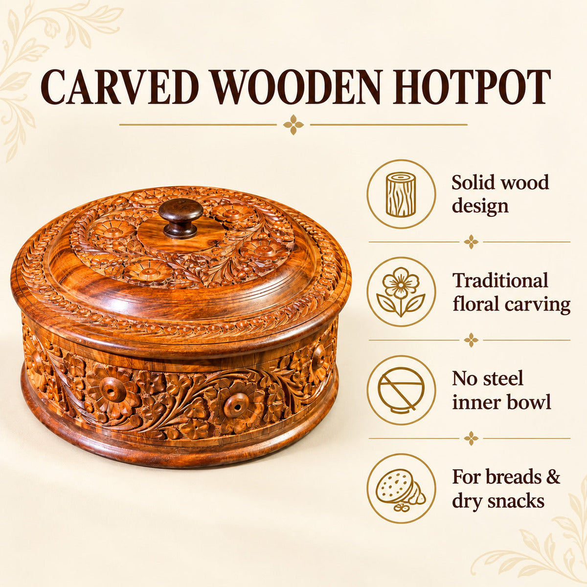Handcrafted Wooden Carved Hotpot – Pure Wood Design – Size 12x8 Inches