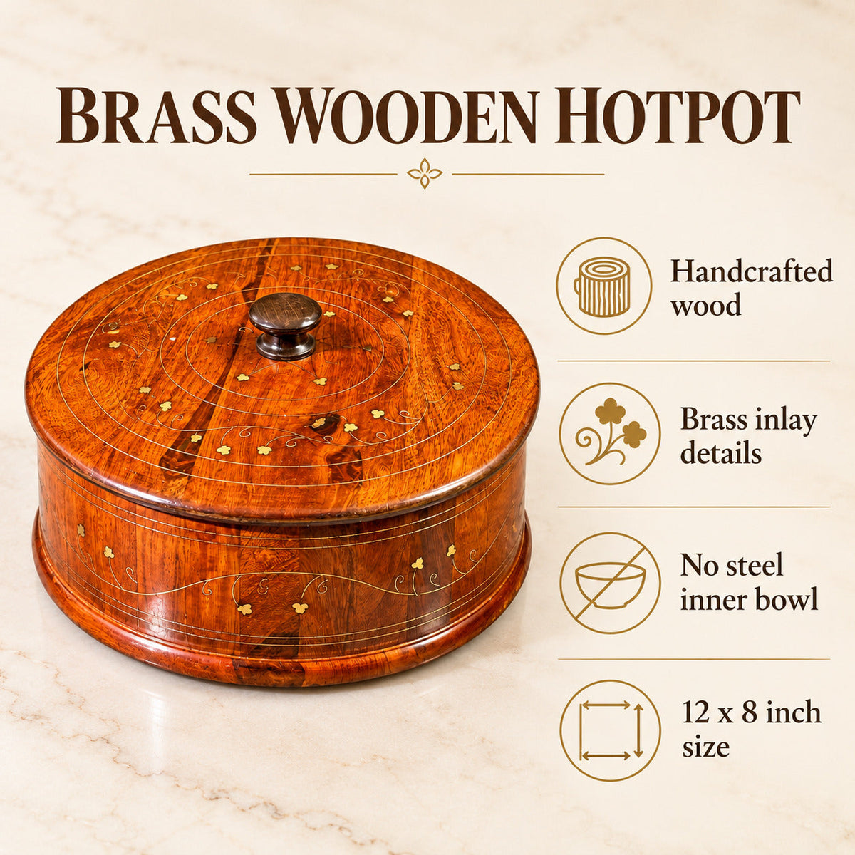 "Traditional Wooden Hotpot  (Without Steel Bowl )  – 12x8” Handcrafted with Premium Brass Inlay"