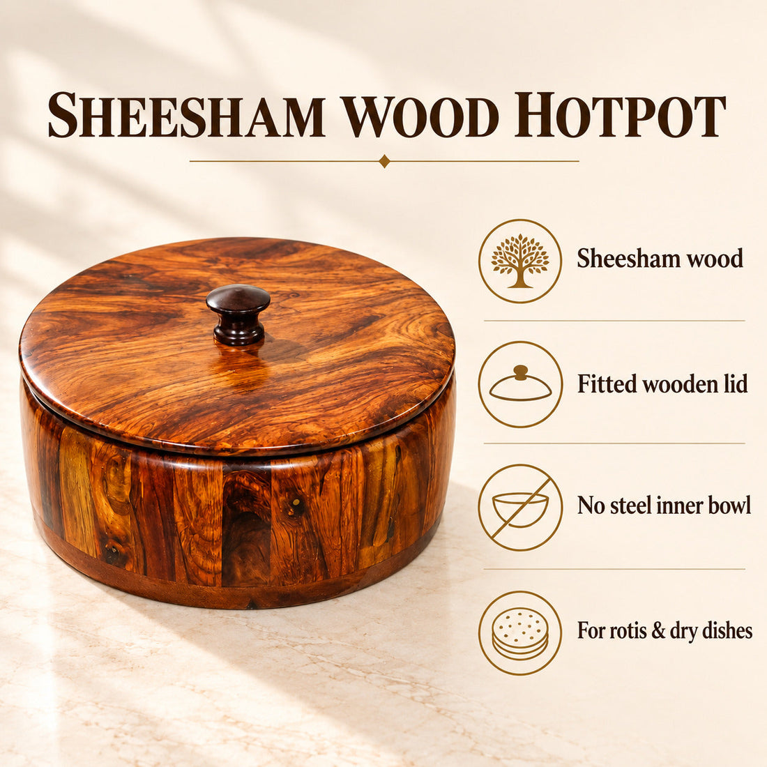 Premium Sheesham Wooden Hotpot (12 Inch) – Handcrafted Serving Box with Lid